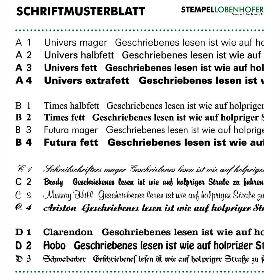 Stempel Lobenhofer e.U Schriftmusterblatt