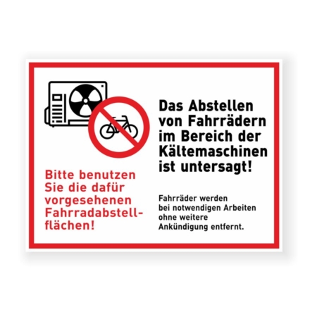 SCHILD.Fahrrad vor Klimagerät abstellen verboten.400x300x3,0.Schild